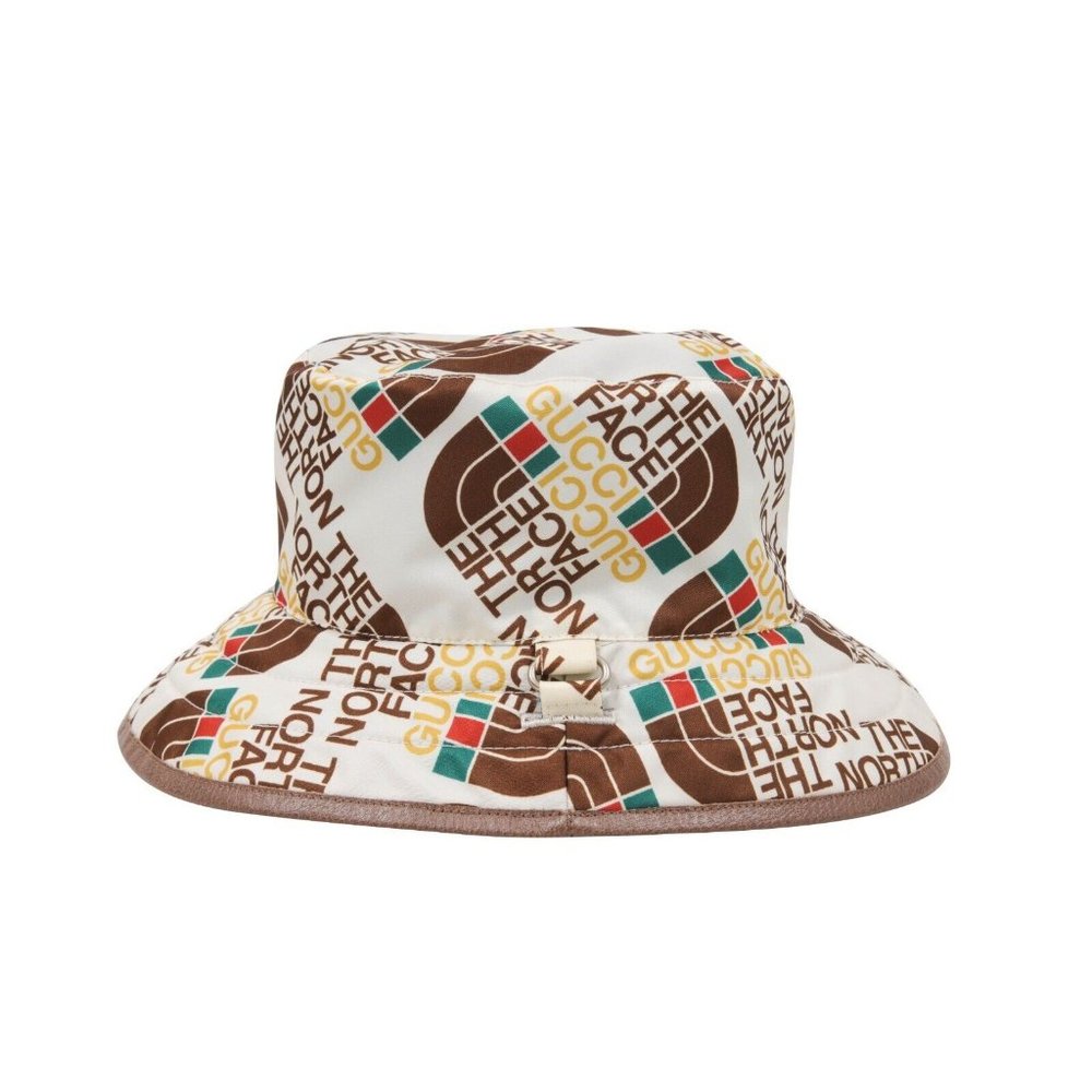 Gucci Mens The North Face All Over Logo Bucket Hat White Brown Nylon Adjustable - Picture 2 of 9
